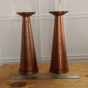 Pair of Vintage Brutalist Hand Hammered Copper Candlestick Holders